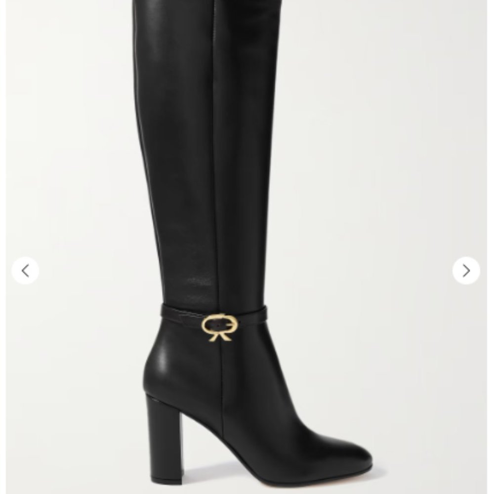 NWT Gianvito Rossi Ribbon 85 Buckled Leather Knee Boots in Black